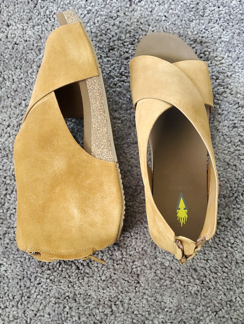 Volatile Mustard Suede Crisscross Wedge Sandals